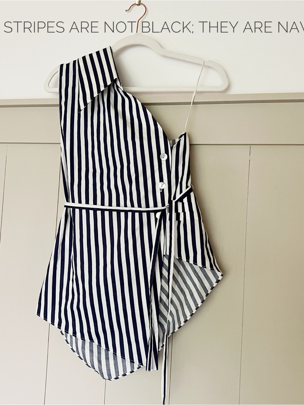 Zara Navy and White Vertical Stripe One-Shoulder Button-Down Top